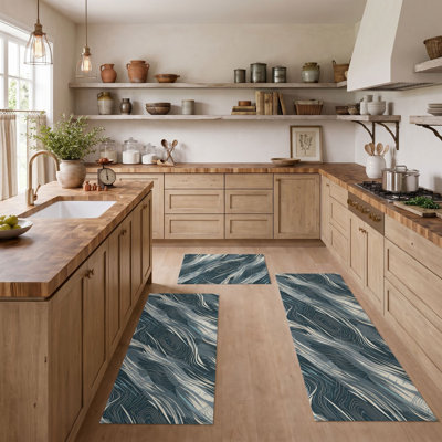 Wave Blue Non-Slip Washable Kitchen Mats