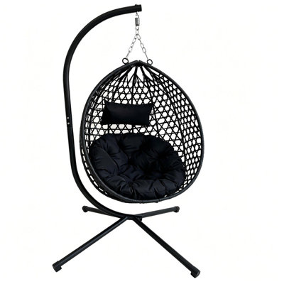 Folding PE Rattan Hanging Egg Chair with Stand – 43" L x 39" W x 25" H, Black Indoor Outdoor Hammock Swing Basket Chair, Heavy-Duty Aluminum Steel Frame for Patio Balcony Backyard Bedroom