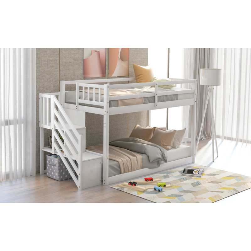 Lit superposé simple au-dessus d'un lit simple, échelle avec rangement, blanc, Blanc