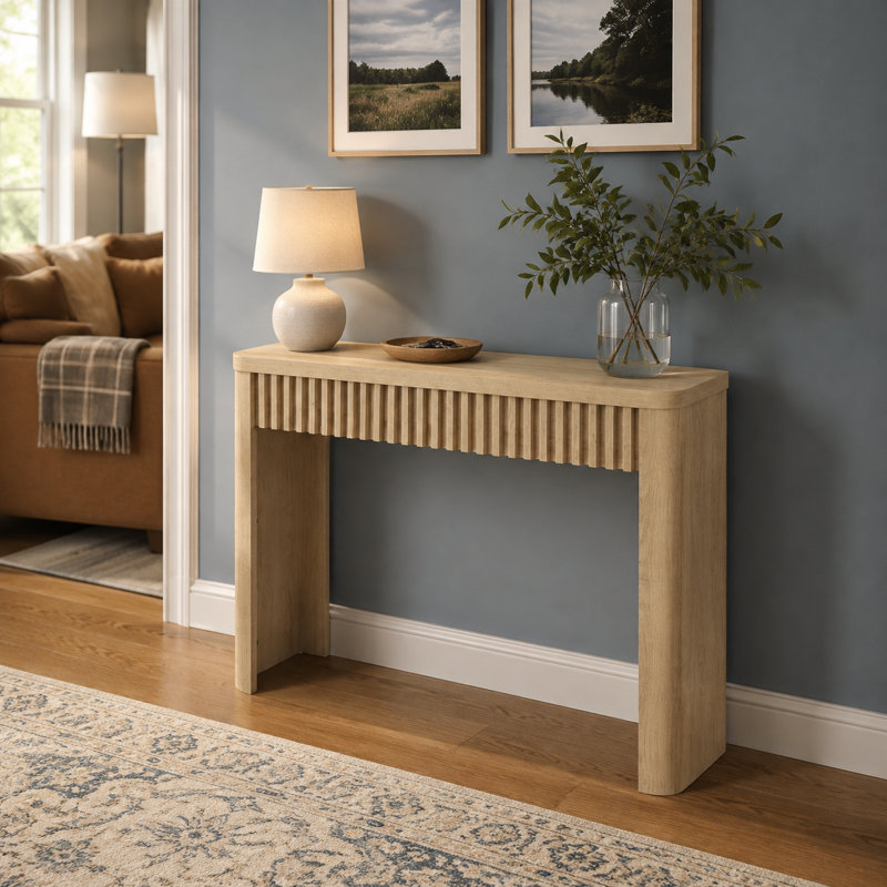 Abdel 39.4" Fluted Console Table with Mid-Century Modern Styling, Oak, 29.5" H x 39.4" W x 11.8" D