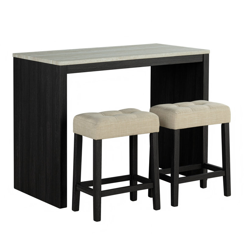 Transitional Bar Table Set With Upholstered Tufted Stools,Set Of 3