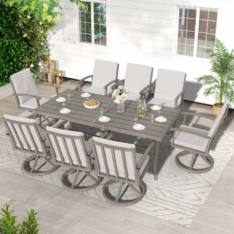 Whittlesey Rectangular Aluminum Dining Set with Cushions, 8, Gray