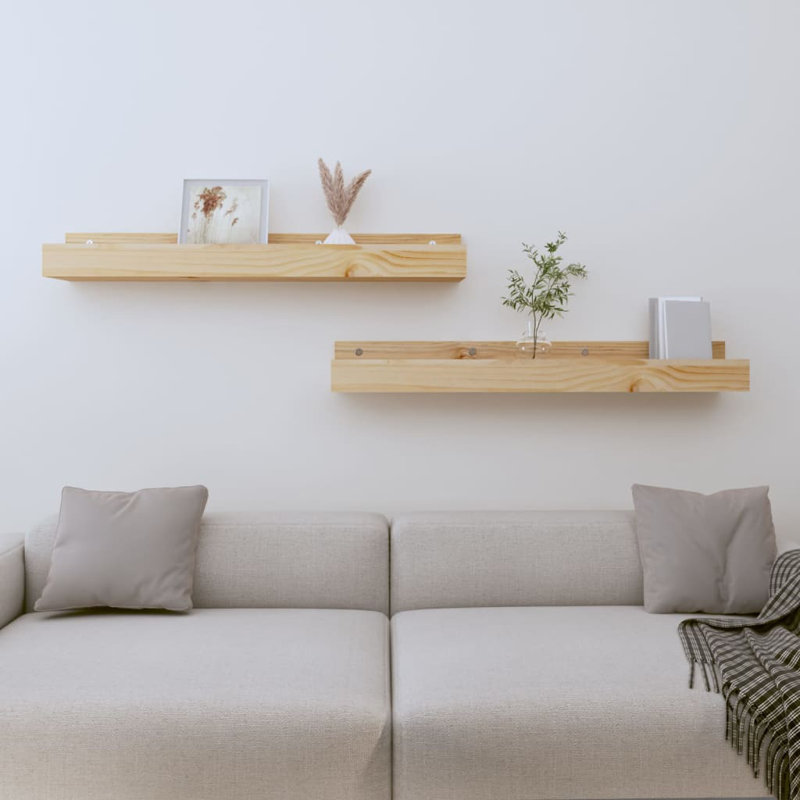 Wall Shelves 2 Pcs Solid Wood Pine, Brown, 9cm H x 80cm W x 12cm D