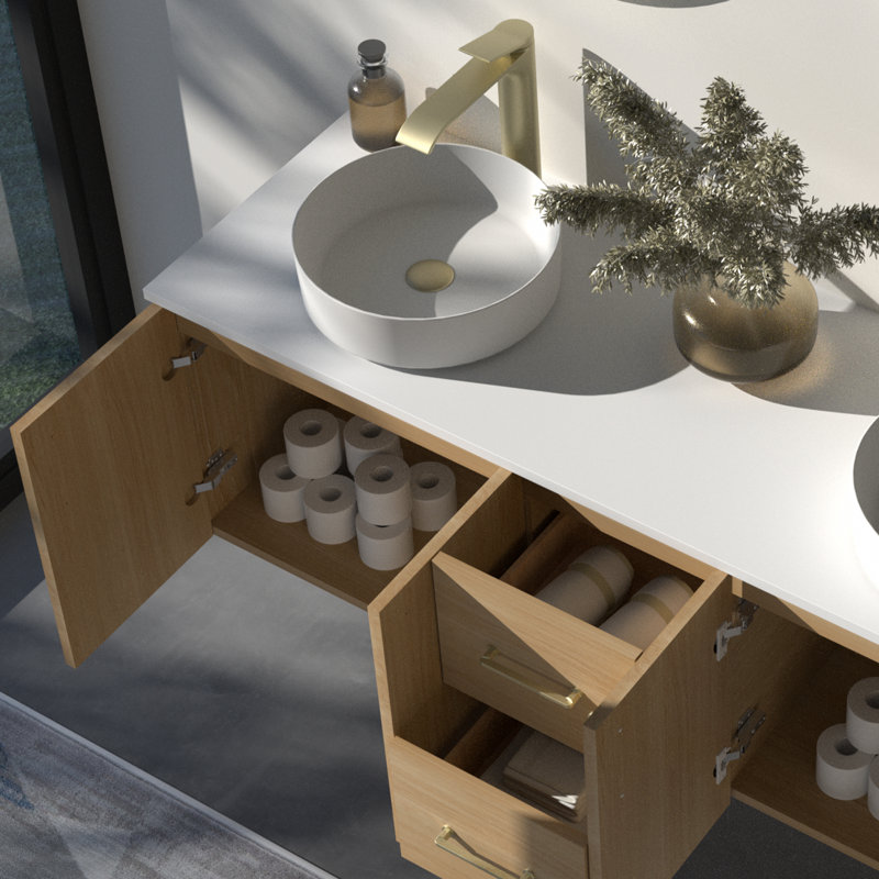 Meuble-lavabo mural 60 po avec comptoir en pierre de quartz blanc et double vasque ronde en céramique