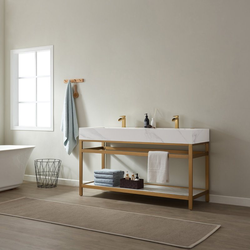 Ensemble de meuble-lavabo double 60 po, Or brossé, Pierre blanche