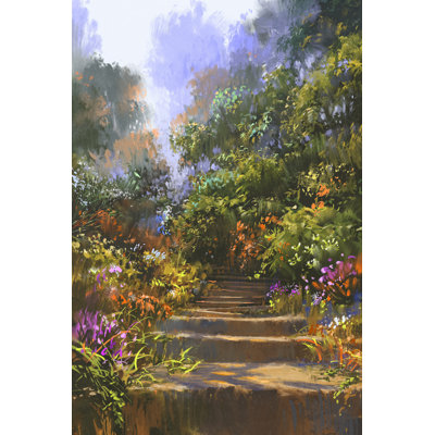 Stone Staircase In Wood With Colorful Flowers by Grandfailure - Wrapped Canvas Painting
