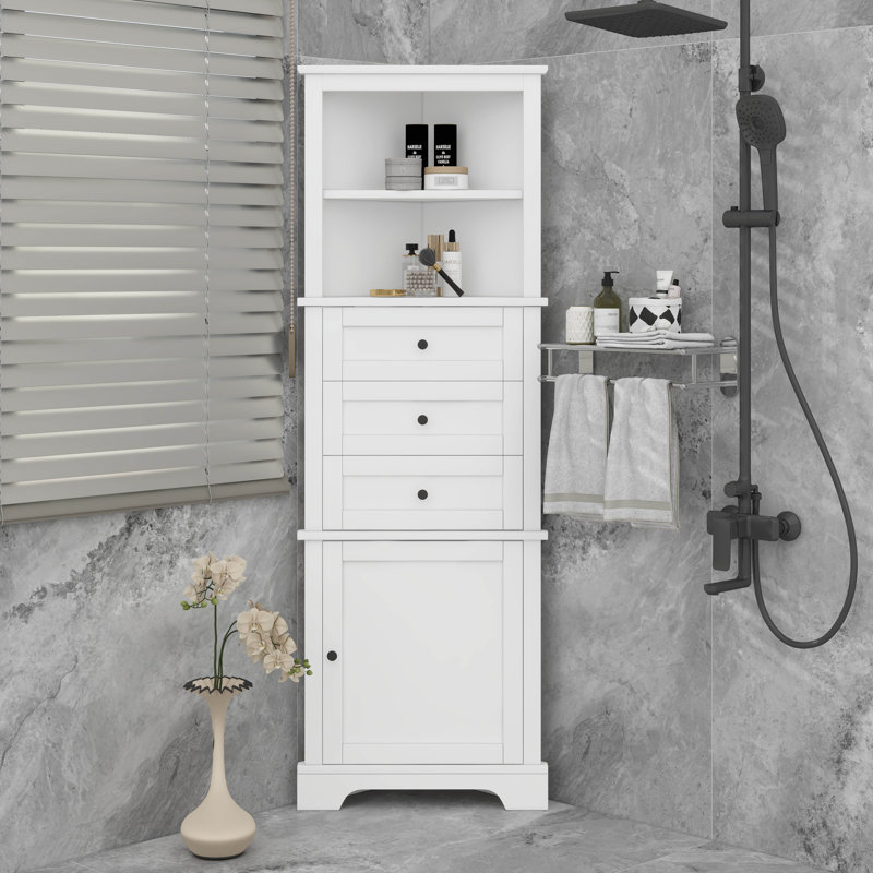 Triangular Tall Corner Cabinet With 3 Drawers And Adjustable Shelf Storage