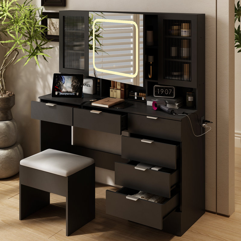 Ensemble de coiffeuse avec USB, Noir, noir, noir, noir