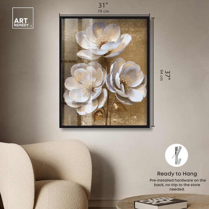 «In Bloom», impression florale dorée par Art Remedy, H 37 po x l 31 po, Noir