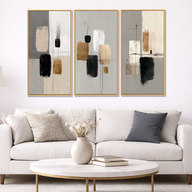 Formes noires avec minimalisme gris, mélange abstrait I - Minimalisme abstrait, impression sur toile 3 pièces