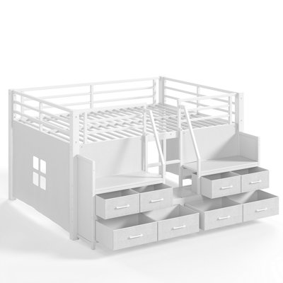 Full Low Loft Bed with Multi-Storage Spaces, Including Fabric Drawers, Fabric Shelves Beside the Bed, Storage Stairs, Metal Loft Bed with Lights and Ample Under-bed Spaces