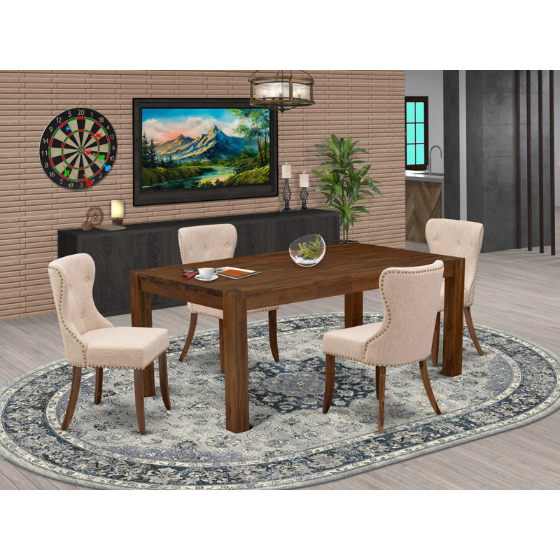 5 Piece Dining Room Table Set Includes a Rectangle Rustic Wood Dining Table and 4 Light Tan Linen Fabric Upholstered Chairs, Antique Walnut