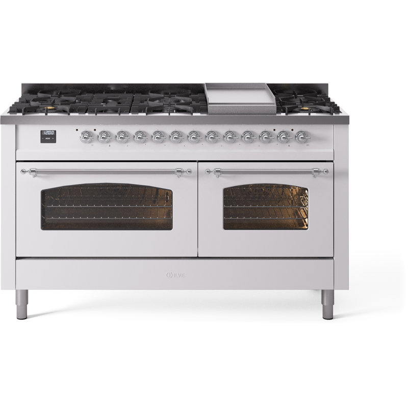 ILVE Nostalgie II 60 Dual Fuel Range, 9 Burners, Griddle, Natural Gas, White/Chrome