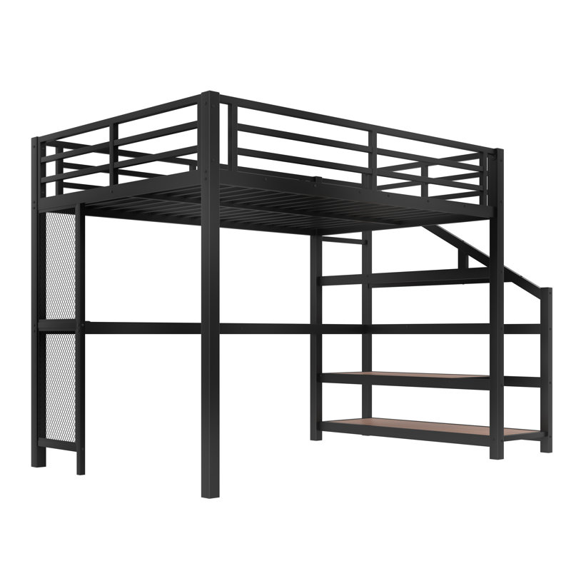 Lit mezzanine double avec bureau, escalier de rangement et lumières DEL - Lit mezzanine en métal avec ports USB, filets en fer multifonctionnels, silencieux, sans sommier, noir
