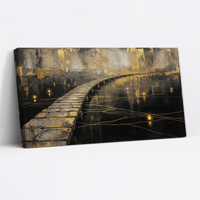Gold Leaf Wall And Stone Bridge Over Candlelit Water Canvas Wall Art