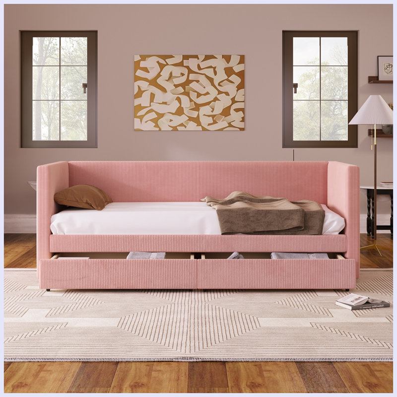 Modern Twin Size Corduroy Daybed with Two Drawers and Wood Slat, Pink