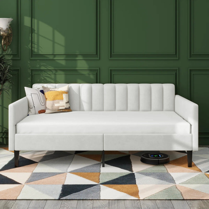  Broward 78.7"L Ivory Sturdy Metal Frame Twin Daybed, Velvet Upholstered Daybed Suitable For Living Room,  Ivory Velvet