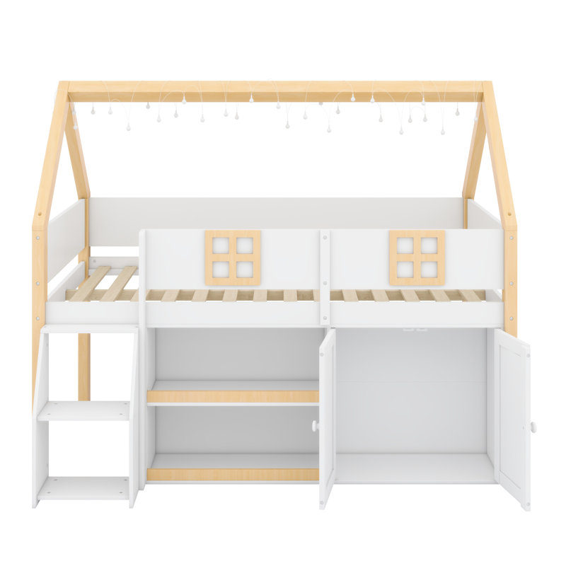 Functional Low Height Bed with Climbing Staircase, Enclosed Storage Units, Floating Shelves and Integrated Mood Lighting