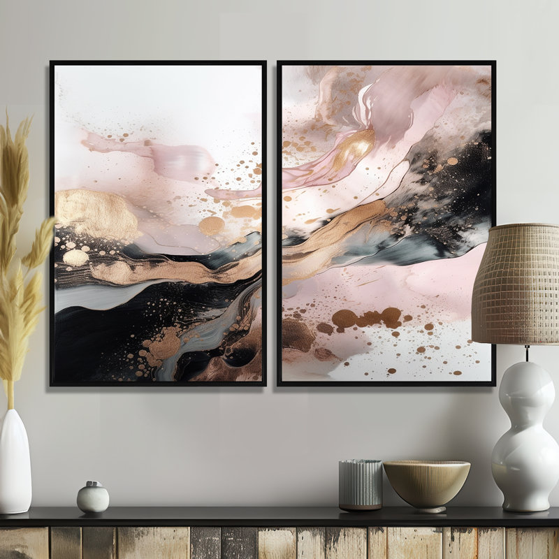 Texture or rose Splash Marble IV - art mural abstrait en marbre, 36" H x 48" W, Impression encadrée flottante, Black