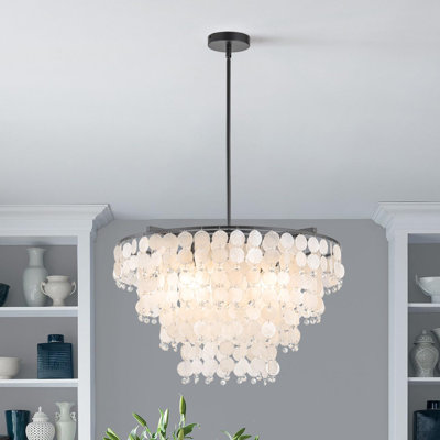 Natural Capiz Shell Chandelier With Hanging Crystals, Coastal Modern Round Pendant Lighting, Adjustable Height For Dining Room, Kitchen Island, Bedroom Or Foyer