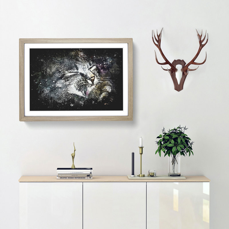 Cat Licking its Paw - Framed Print, 24cm H x 33cm W x 2cm D, Oak Framed