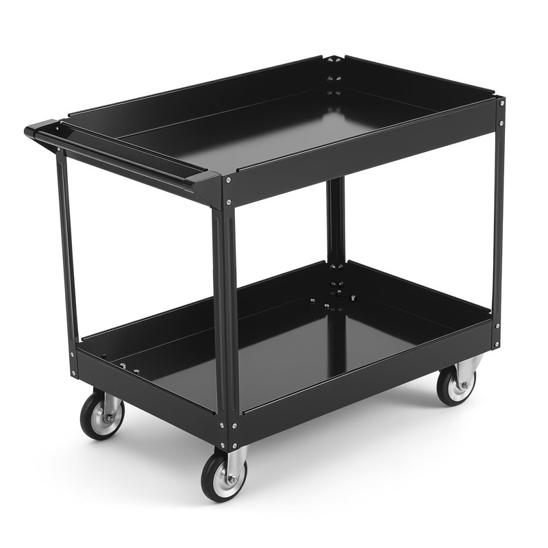 Chariot de service noir robuste à 2 tablettes sur roulettes, capacité de 500 lb, 40 po x 24,4 po x 32,48 po, chariot à roulettes en plastique durable pour le bureau, le nettoyage, l'entrepôt et le garage