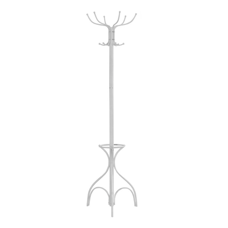 Contemporary White Metal Free Standing Coat Rack With 12 Hooks And Umbrella Holder For Entryway Organization, White