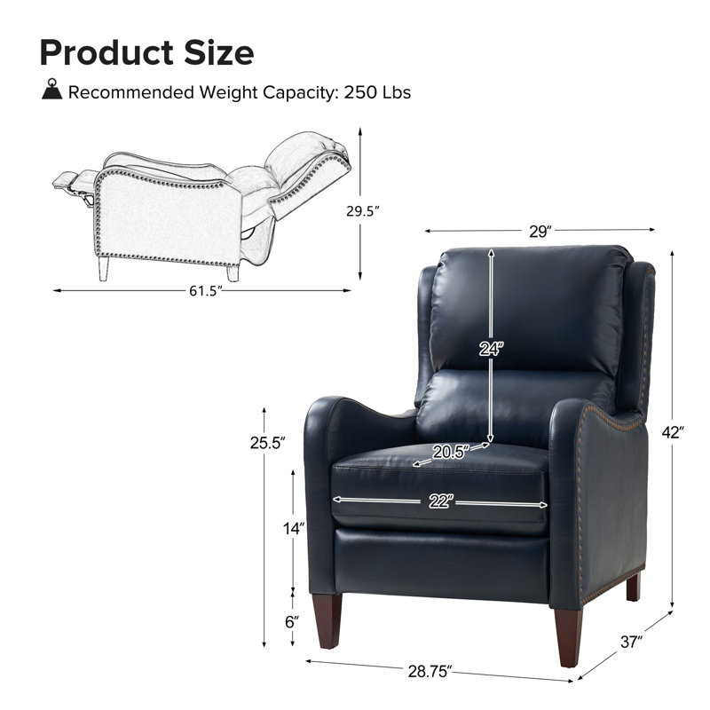 Fauteuil inclinable en cuir Beecher 28,75 po, Cuir pleine fleur bleu marine