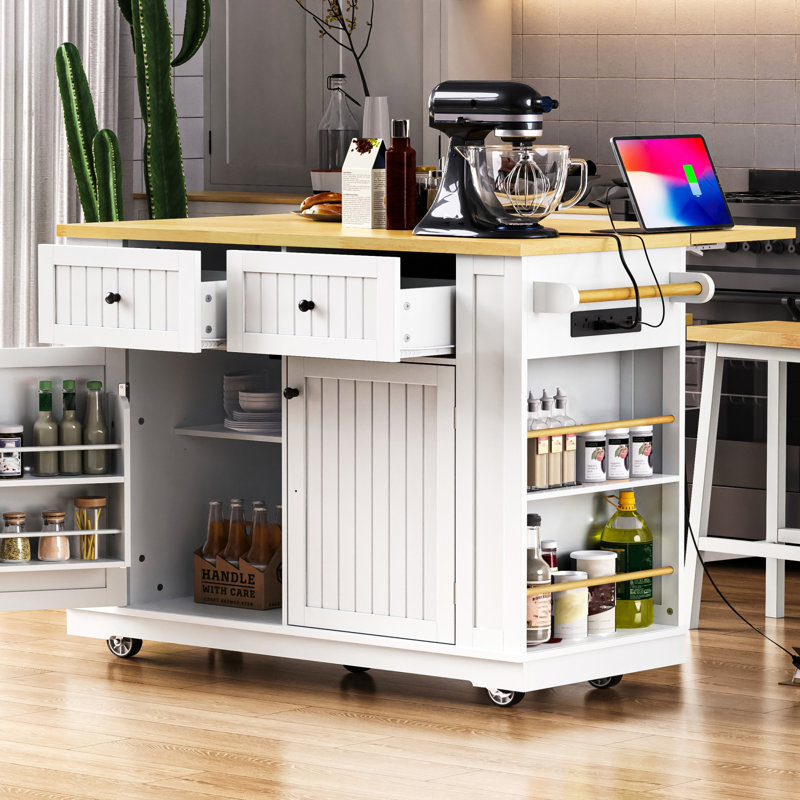 Grand îlot de cuisine de 48 pouces avec 2 tabourets de bar, prise de courant, support de rangement interne pour porte, chariot de rangement de cuisine sur 5 roulettes avec abattant, 5 supports latéraux ouverts, 2 tiroirs
