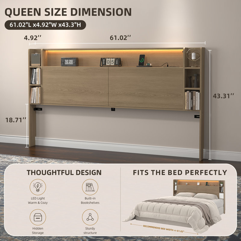 Queen Size Headboard With Built-in Usb/ac Outlets & Storage, Bedroom Headboard With Smart Led Lighting & Anti-tip Accessories