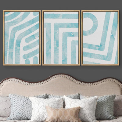 Ensemble de 3 motifs géométriques sur fond bleu sarcelle et blanc délavé, collage Mid-Century moderne sur toile