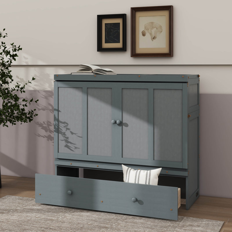 Lit escamotable avec tiroir de rangement intégré, gris, Grand