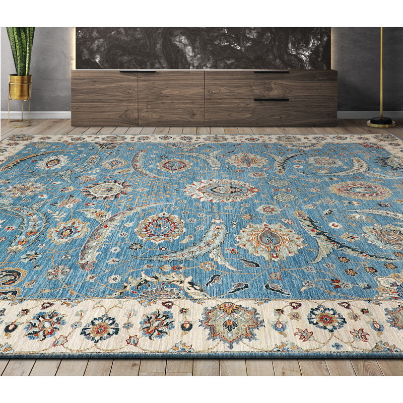 High-Quality Hand-Knotted Blue And Beige Area Rug, Rectangle 5' x 8'