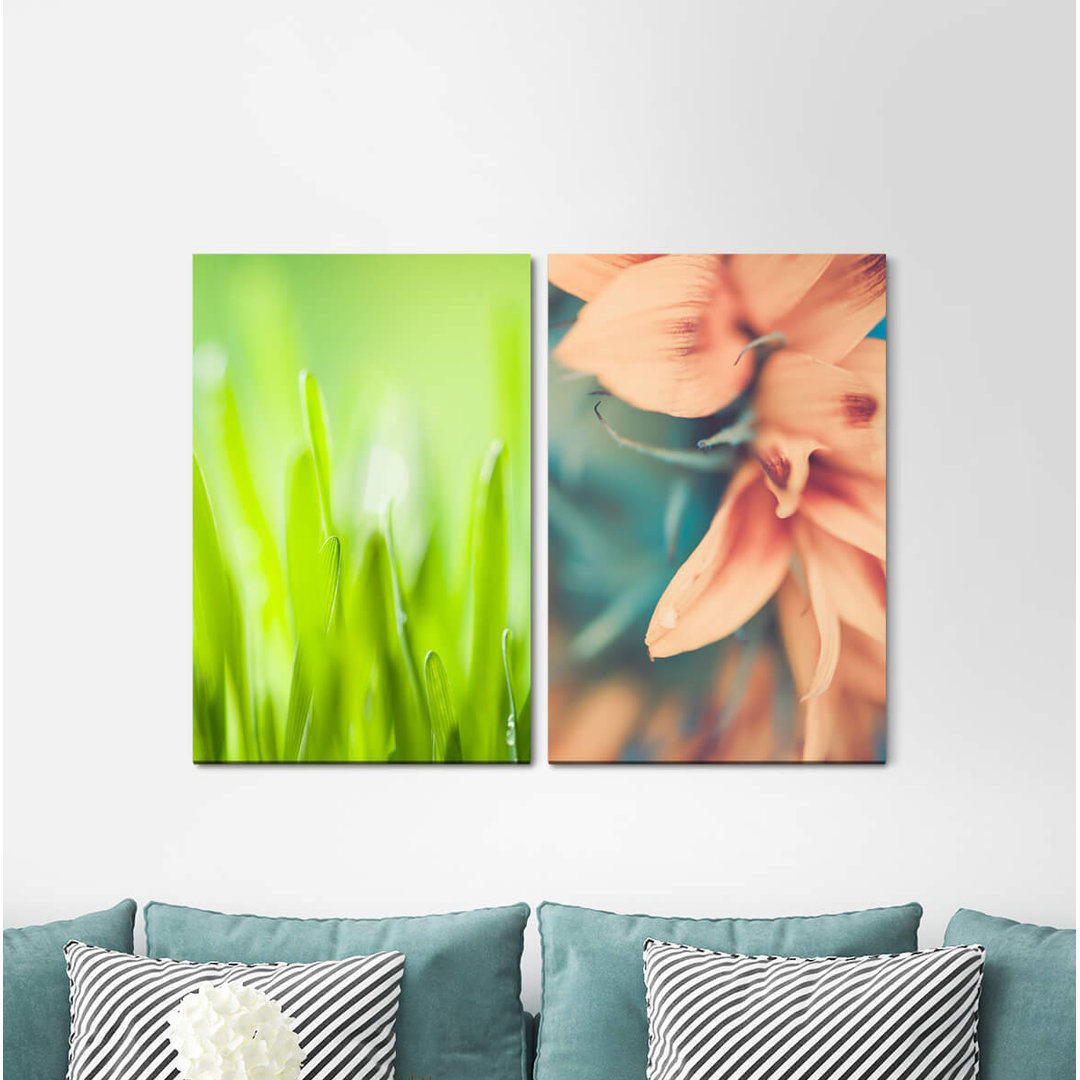 2-tlg. Leinwandbilder-Set - Fotografie „Grass Blades of Grass Green Vintage Flower”