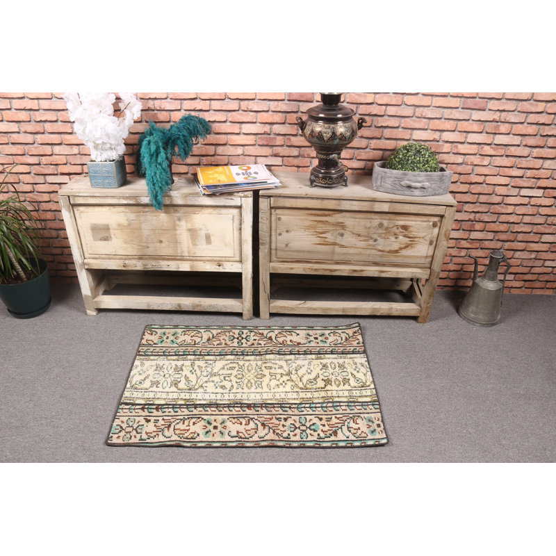 Traditional Beige And Teal Floral Pattern Boho Entryway Mat Offers A Touch Of Vintage Turkish Style To Enhance Your Home Decor