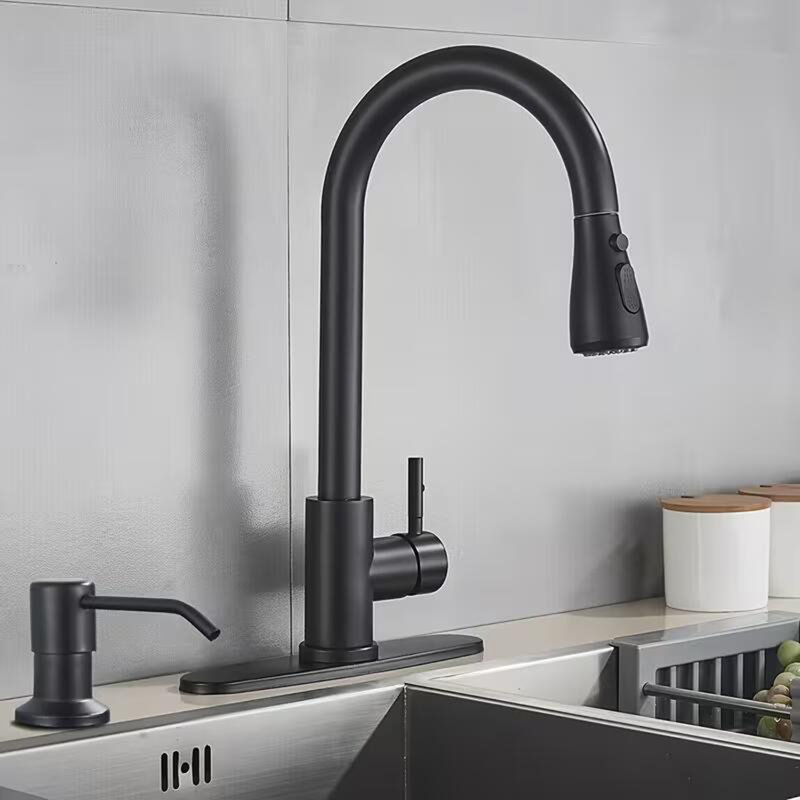 Kitchen Faucet with Soap Dispenser 304 Stainless Steel Kitchen Sink Faucet with Pull Down Sprayer 3 Modes, Single Handle High Arc Mixer Taps for Sink RV Laundry, Bar