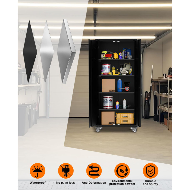 72" Heavy-Duty Metal Storage Cabinet with Lockable Wheels | 4 Adjustable Shelves & Pegboard, 600lb Capacity, Magnetic Lock for Garage, Home, Office & Workshop