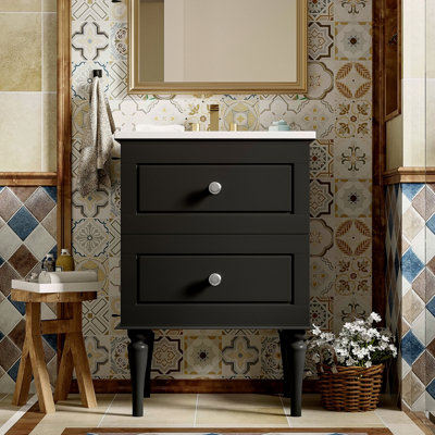 Ensemble de meuble-lavabo 24 po avec lavabo en céramique, meuble de rangement moderne avec cadre en bois massif et 2 tiroirs