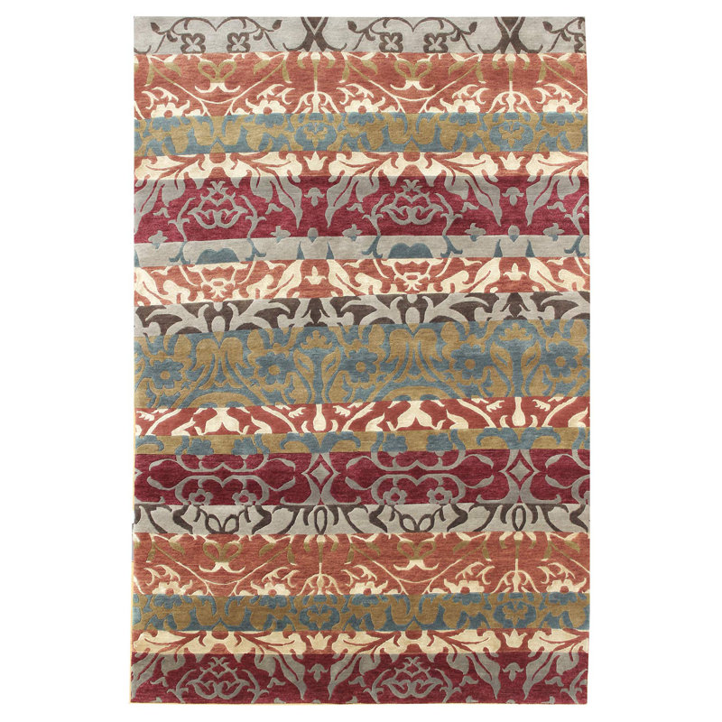 Tapis rayé en laine tissé à la main en rouge / brun / rouille / ivoire, Rectangle 5 pi 11 po x 9 pi 2 po