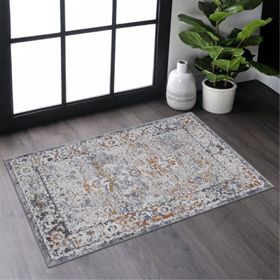 Collection Ivoire / Gris / Tapis de salon / salle à manger traditionnel sans perte de style élégant et résistant aux taches