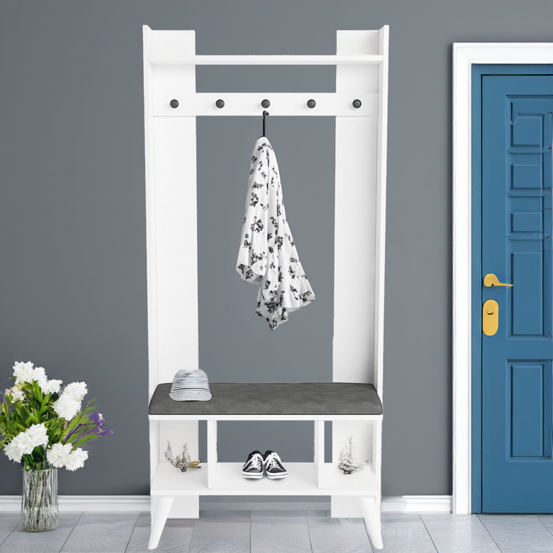 Hall Tree 32.9'' Wide With Bench, Shoe Storage And 5 Hooks, White