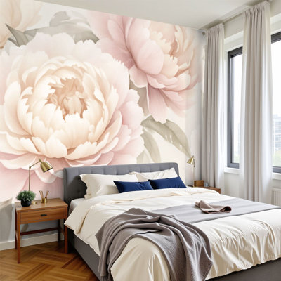 Papier peint pelez et collez, pétales de pivoines roses douces, feuilles murales élégantes et florales, H 100 po x l 144 po, papier peint amovible en PVC, adhésif mural pour chambre d'enfant, salon, bureau à domicile
