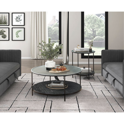 2Pc Modern Occasional Table Set Coffee Table Glass Top End Table Black Metal Finish Living Room Furniture