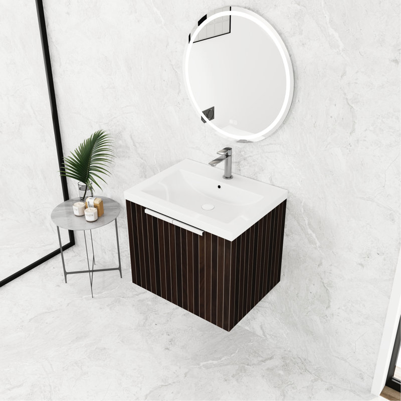 Meuble-lavabo moderne avec lavabo en résine de 24 po, portes silencieuses à fermeture en douceur, compartiment de rangement supplémentaire