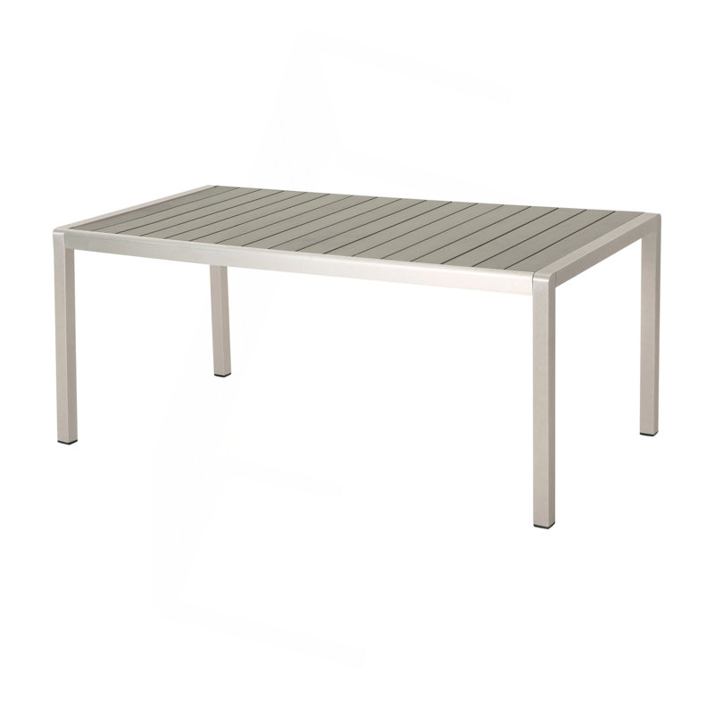 Table de salle à manger en aluminium Coral avec plateau en faux bois, finition grise, gris