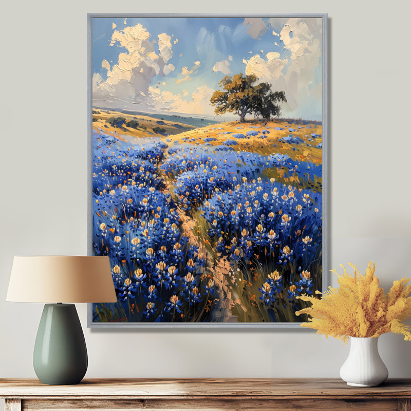 Décoration murale bleue bleu vert bleu Bonnets Tranquility Field II - Blue Bonnets, Encadrement argenté, 16" H x 32" W