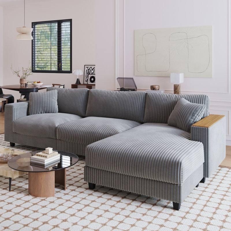 114.5" L-Shaped Sectional Sofa With Storage For Living Room, Living Room Couch, Modern Sofa, Gray Corduroy