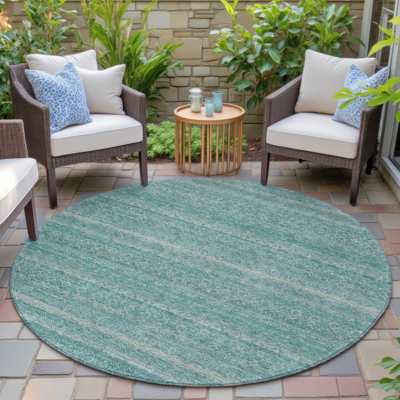 Machine Washable Indoor/Outdoor Xhevrie Teal Rug, Round 8'