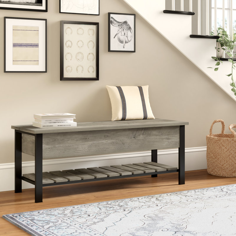Raland Lift Top Storage Bench with Lower Shelf, Gray Wash