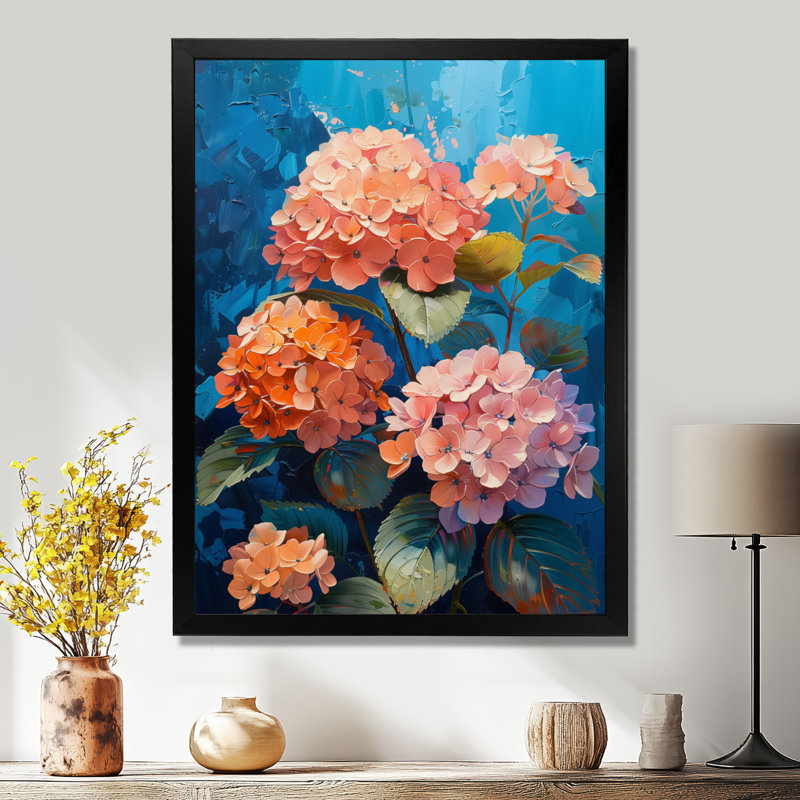 Rose et bleu hortensia qui fleurit en été I - impression d'art mural hortensia, Cadre simple noir, H 12 po x l 20 po